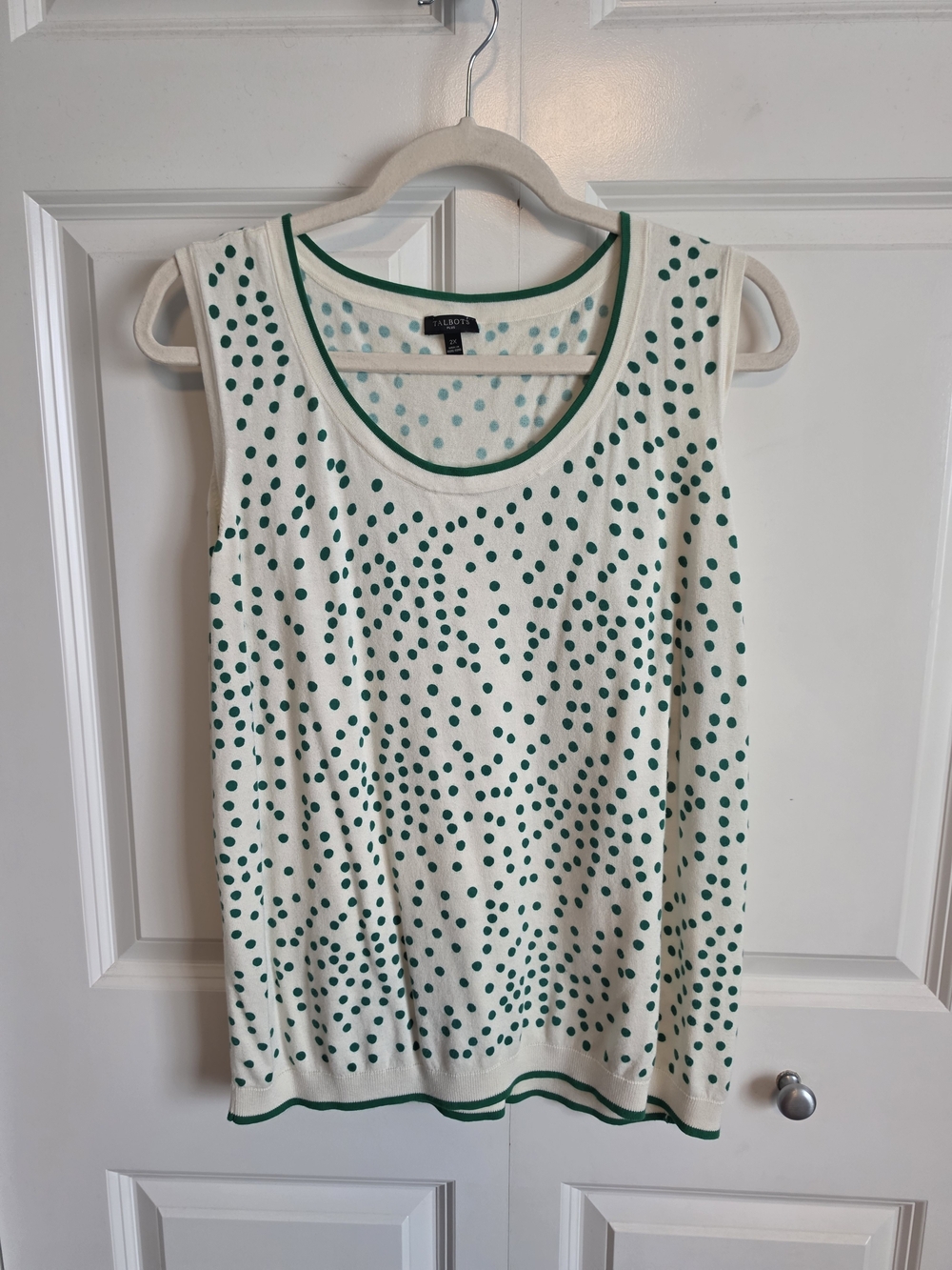 Talbots Cream Sleeveless sweater Knit tank Top vest with kelly Green dots
